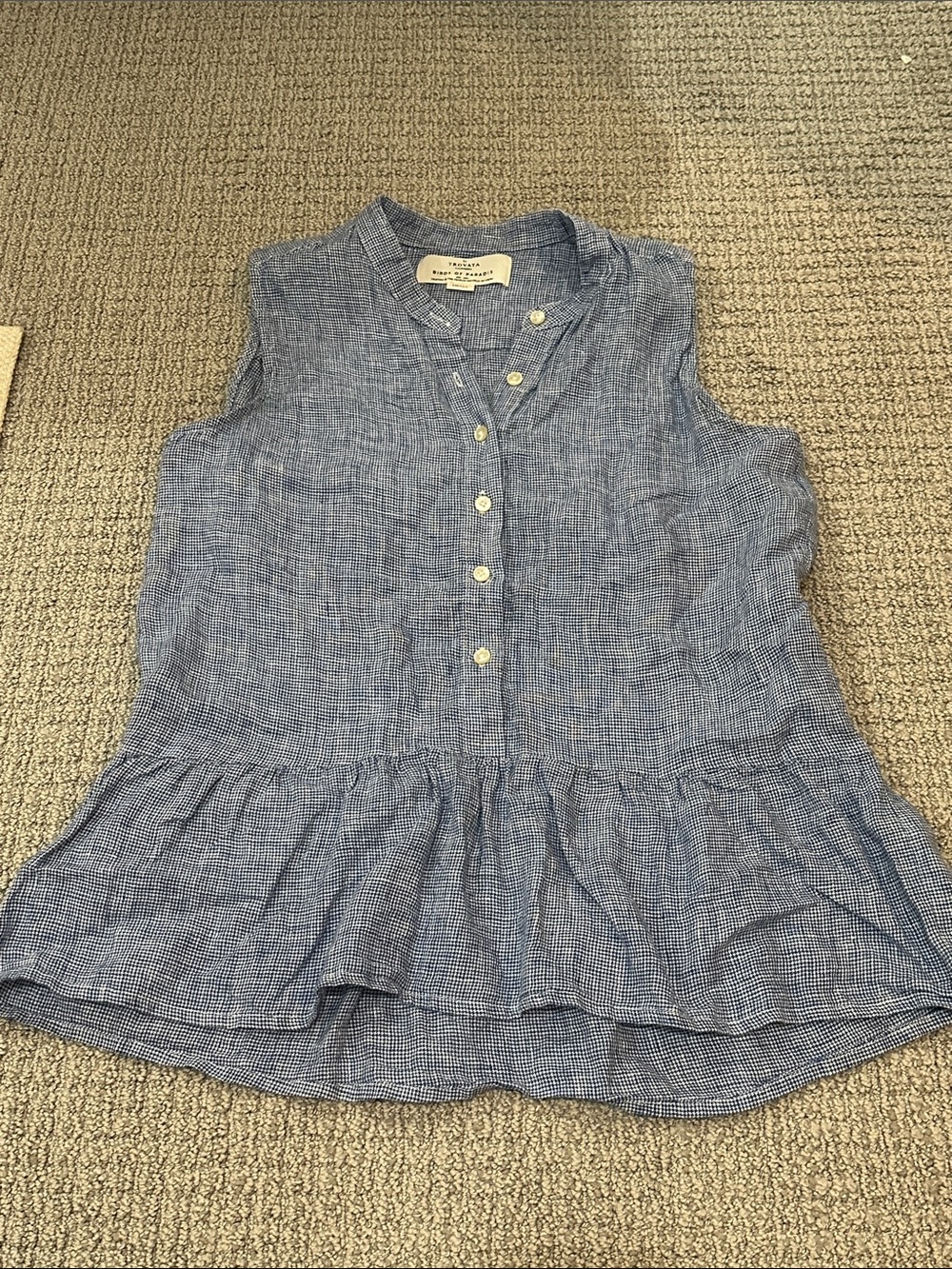 Trovata Birds of Paradis Blue Sleeveless Linen Button-Down Peplum Top S